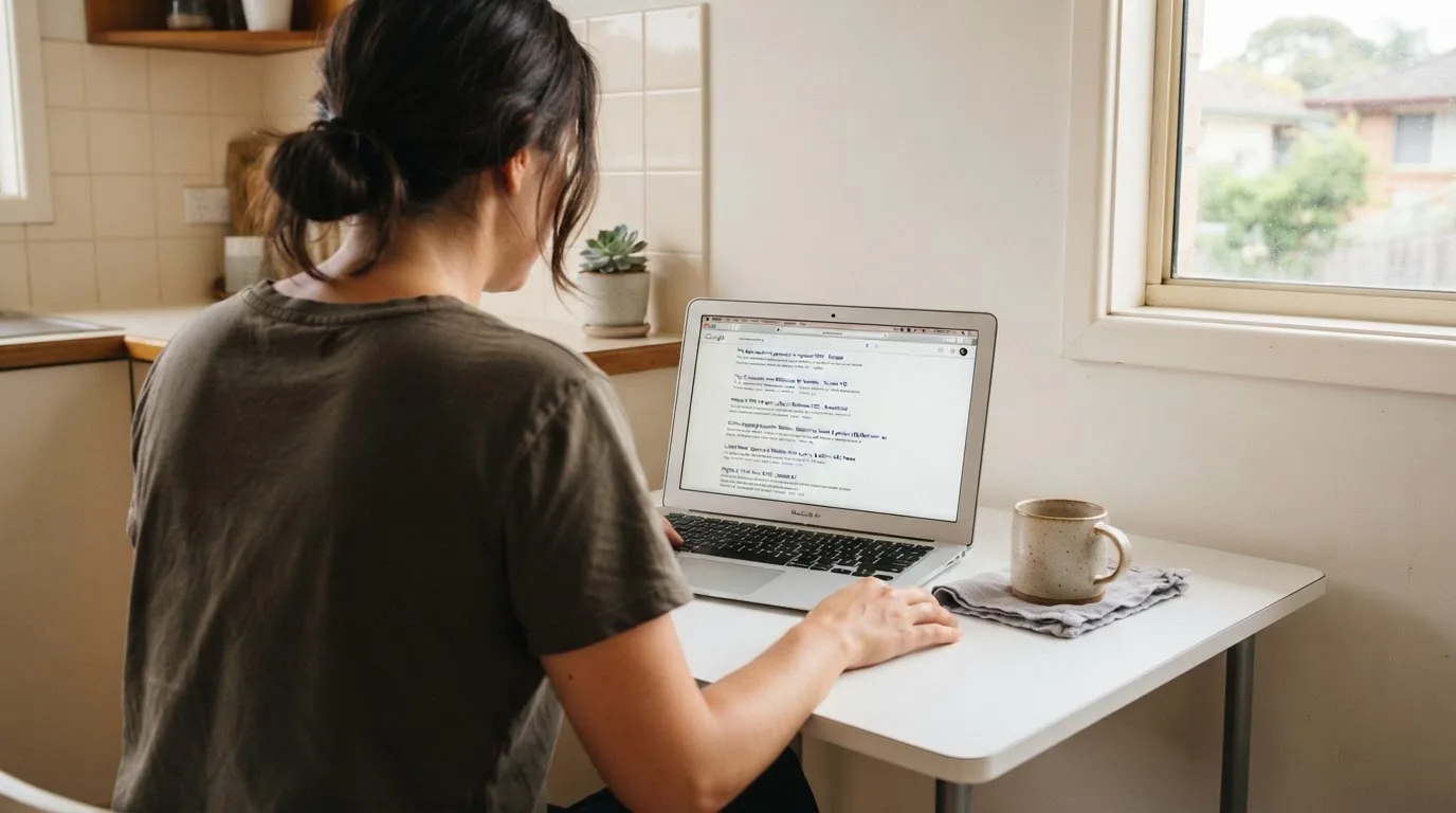 A person sits at a kitchen table, scrolling a laptop showing a general search results page about e-wallet options.