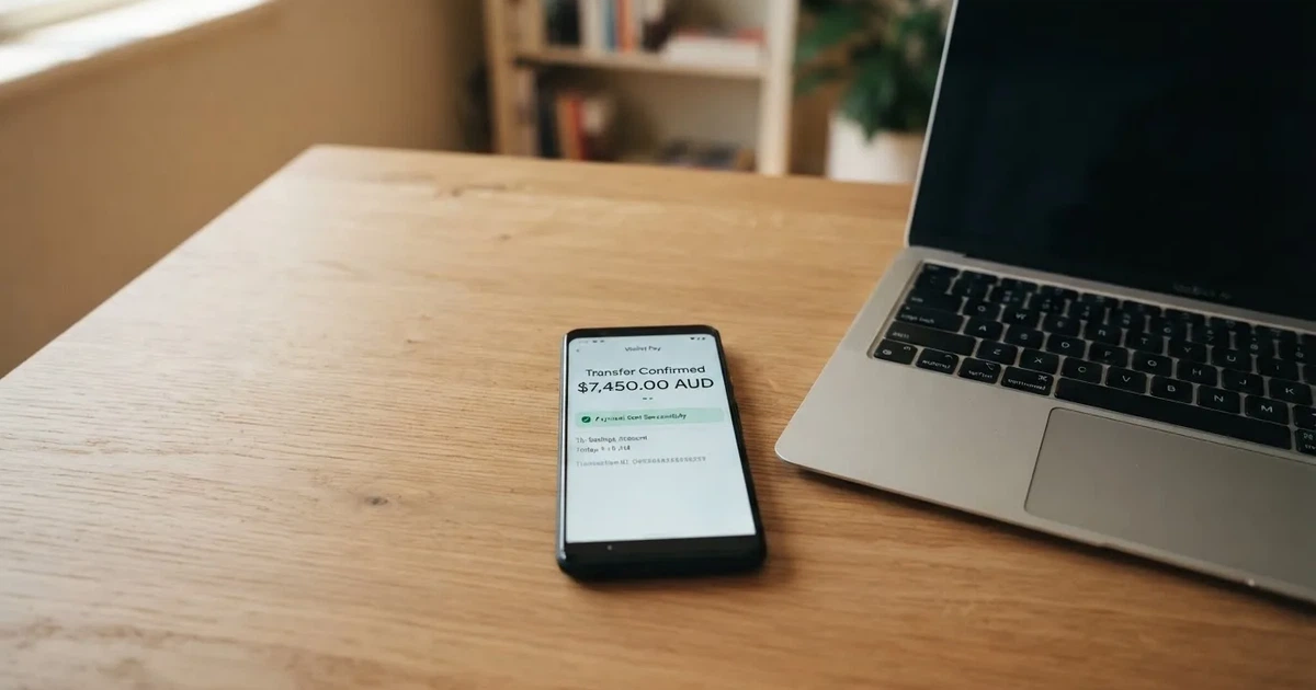 Close-up of a smartphone banking app open beside a laptop on a home desk, mid-transfer.