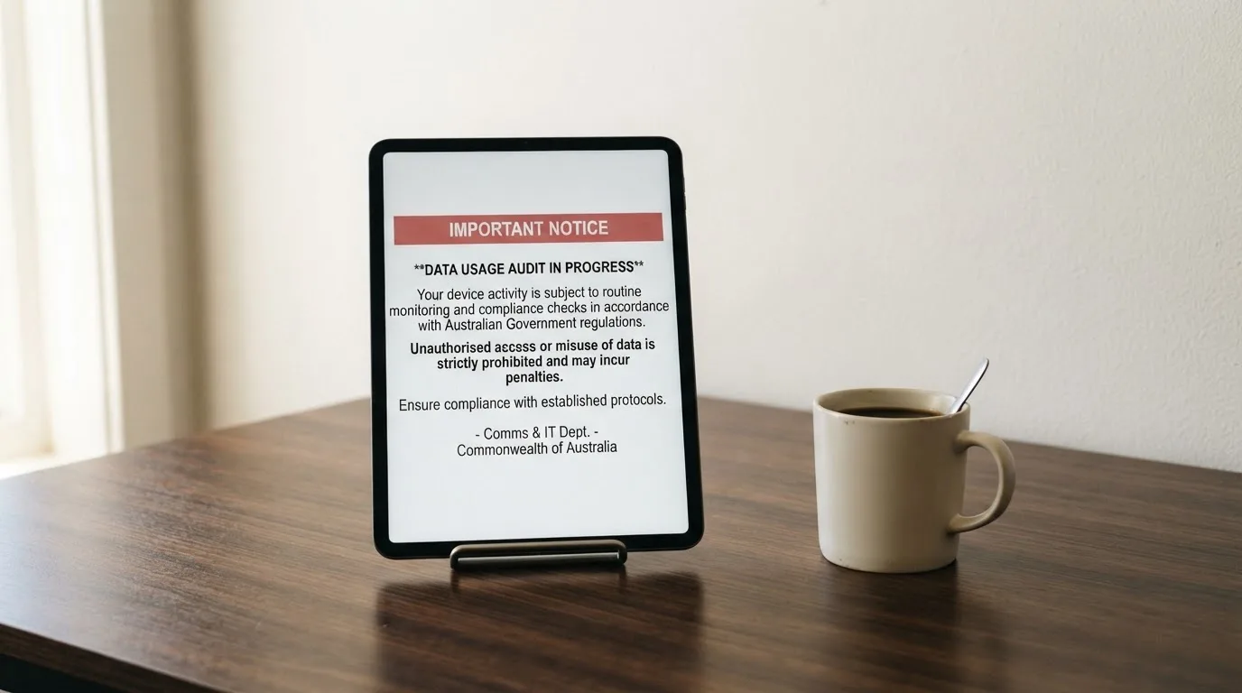 A tablet on a desk displays a plain government-style warning notice page, with a coffee cup beside it.