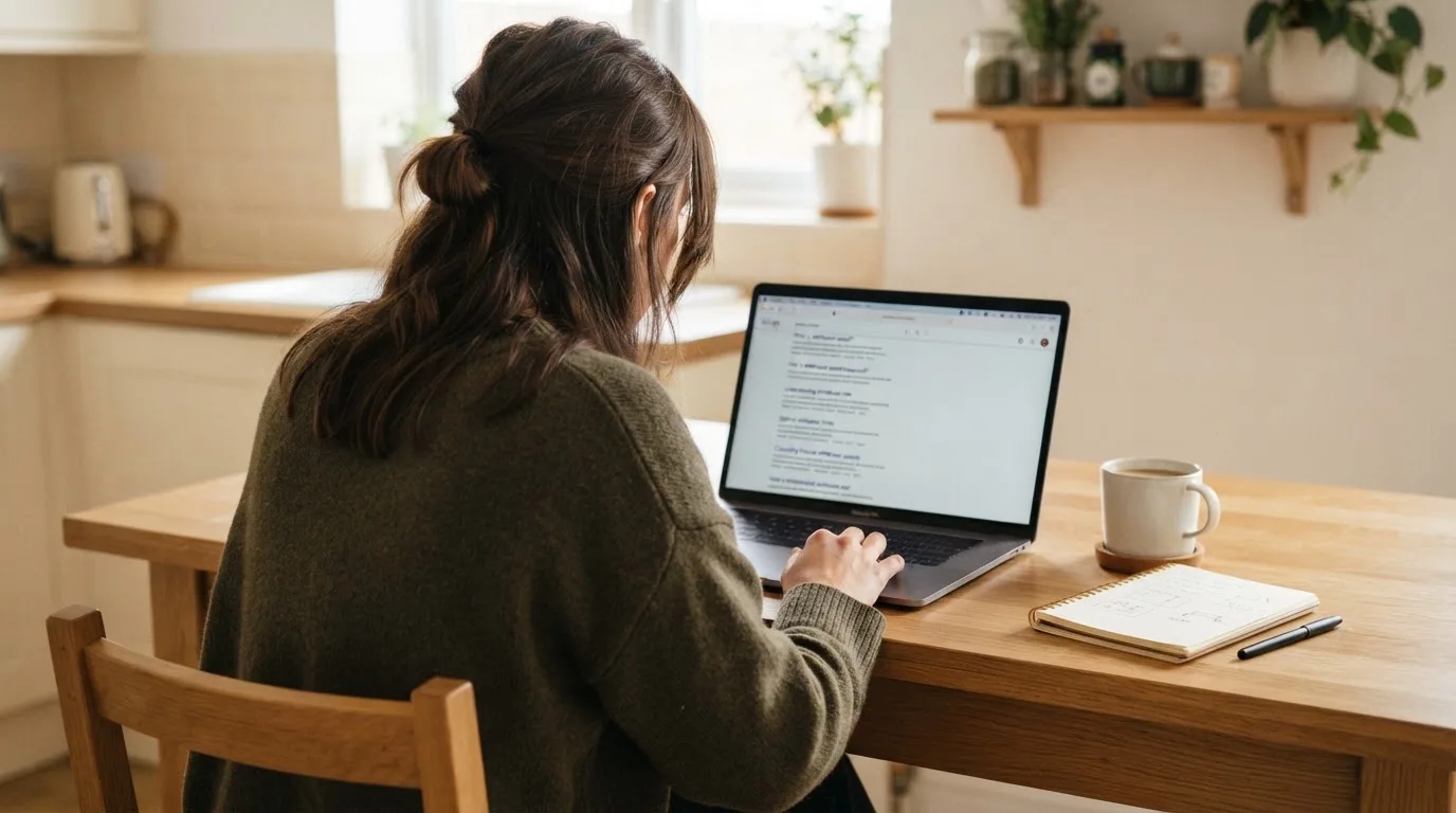 A person sits at a kitchen table, scrolling a laptop showing a general search results page about withdrawal speed.