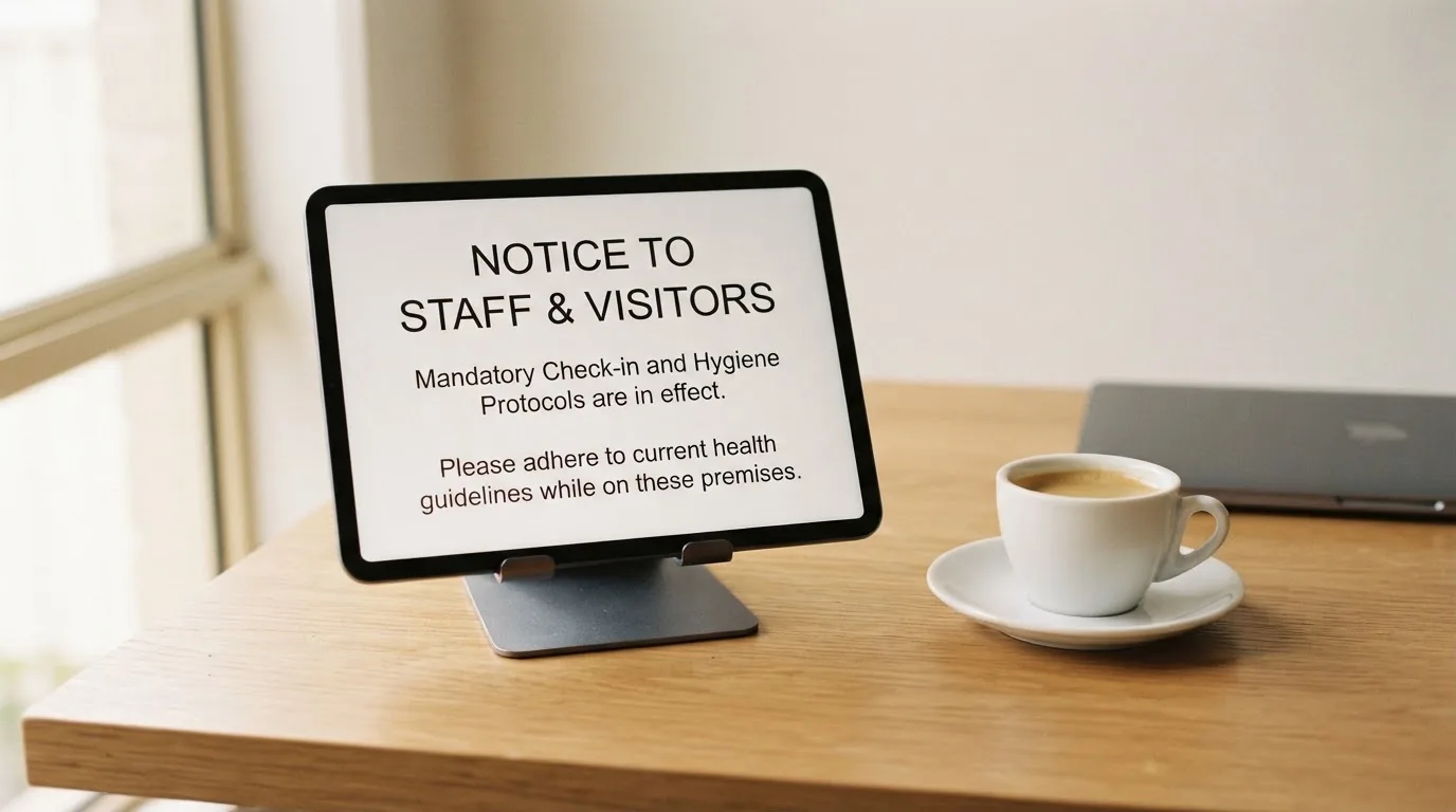 A tablet on a desk displays a plain government-style warning notice page, with a coffee cup beside it.