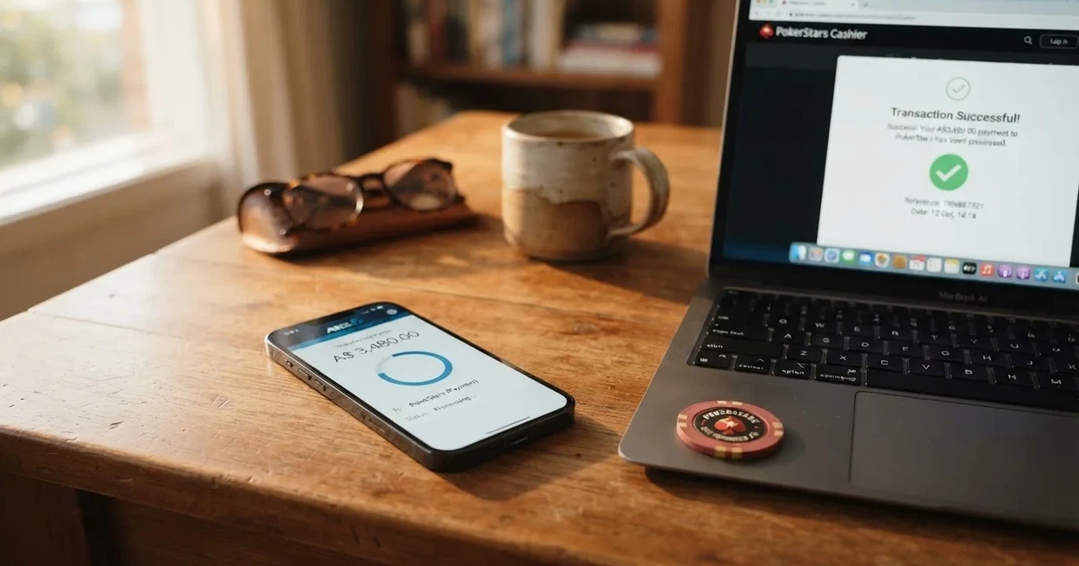 Close-up of a smartphone banking app open beside a laptop on a home desk, mid-transfer.