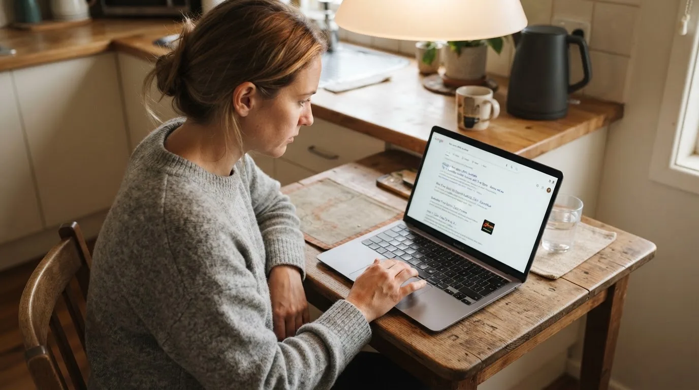 A person sits at a kitchen table, scrolling a laptop showing a general search results page about free spins offers.