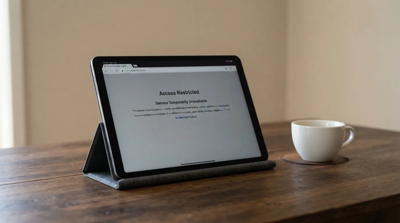 A tablet on a desk displays a plain government-style warning notice page, with a coffee cup beside it.