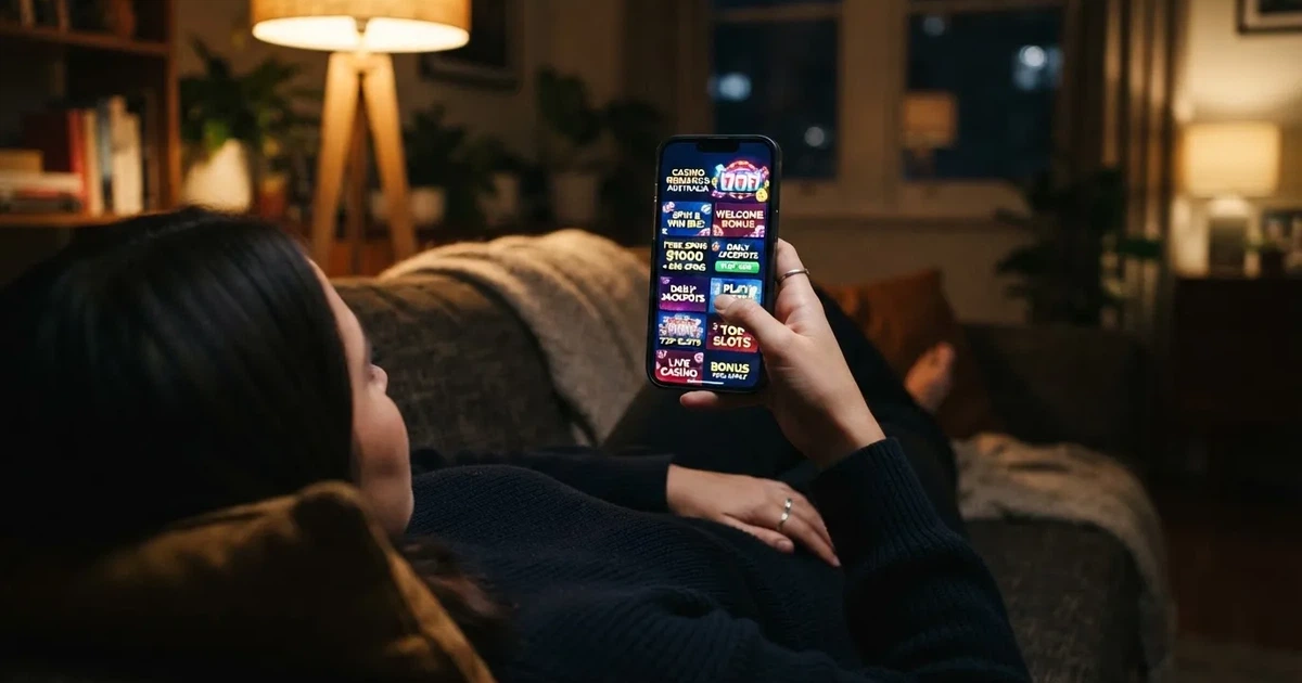 A phone screen shows a list of promotional bonus tiles as someone scrolls with one thumb on a couch.