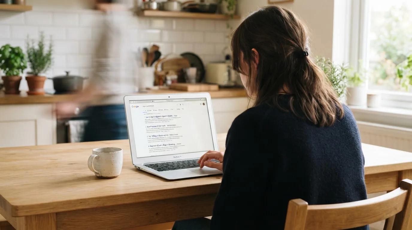 A person sits at a kitchen table, scrolling a laptop showing a general search results page about phone-bill deposits.