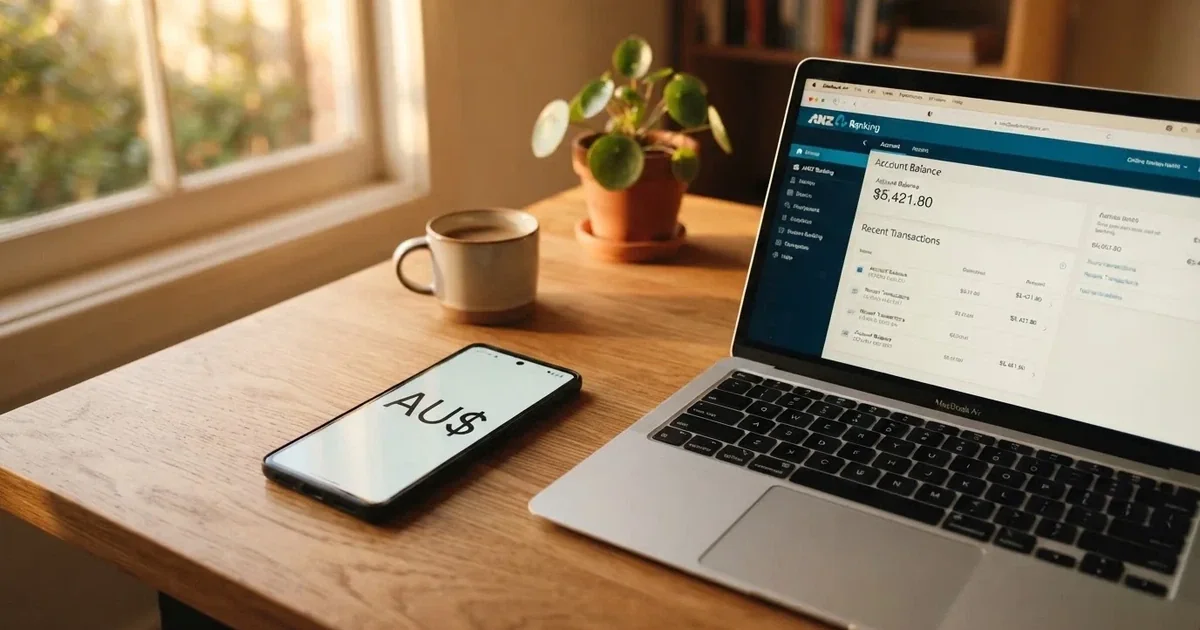 Close-up of a smartphone banking app open beside a laptop on a home desk, mid-transfer.