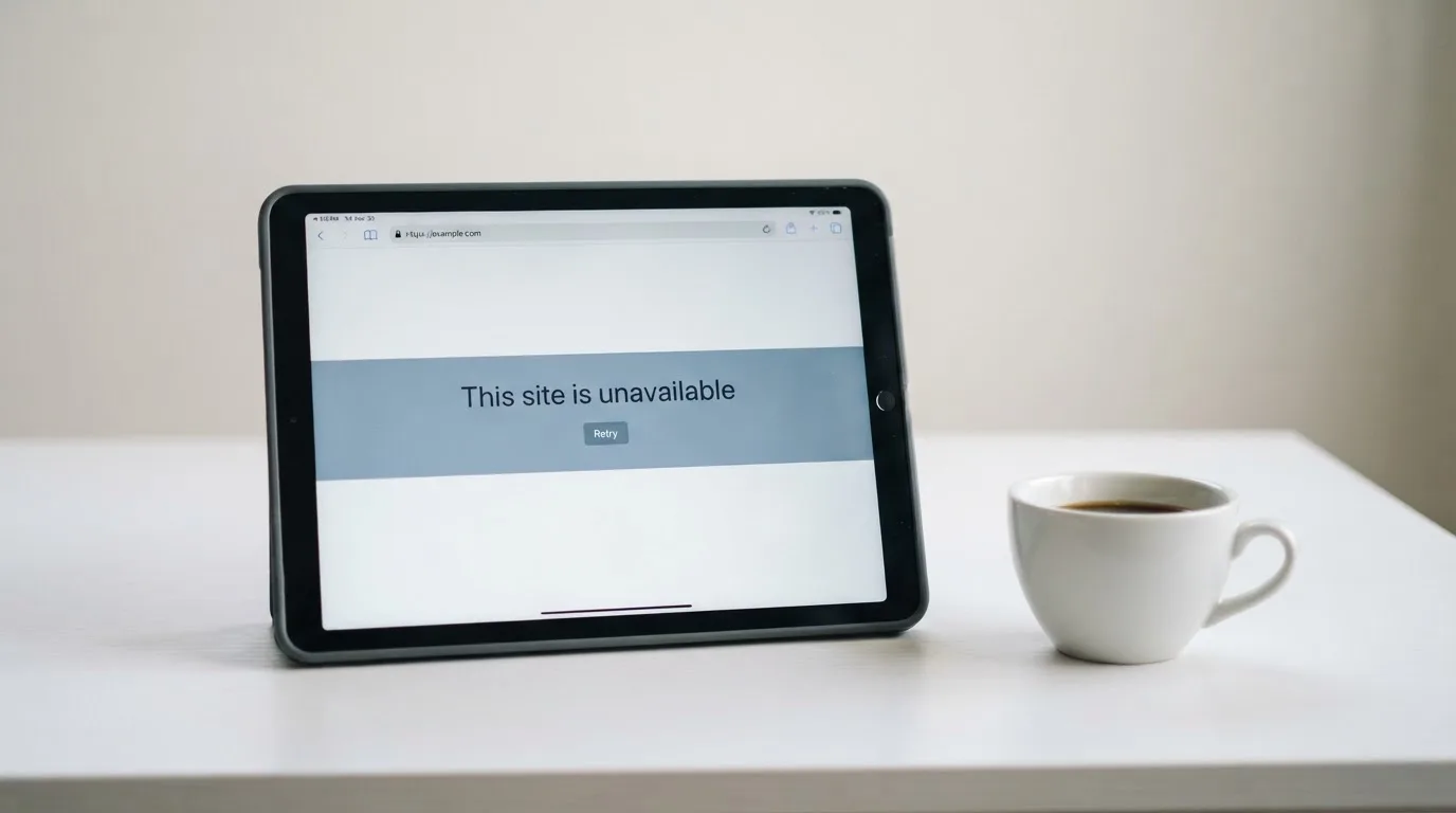 A tablet on a desk displays a plain government-style warning notice page, with a coffee cup beside it.