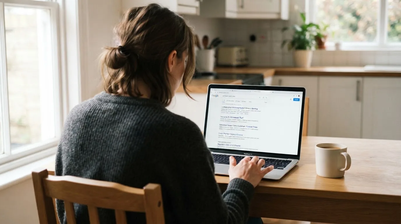 A person sits at a kitchen table, scrolling a laptop showing a general search results page about withdrawal speed claims.