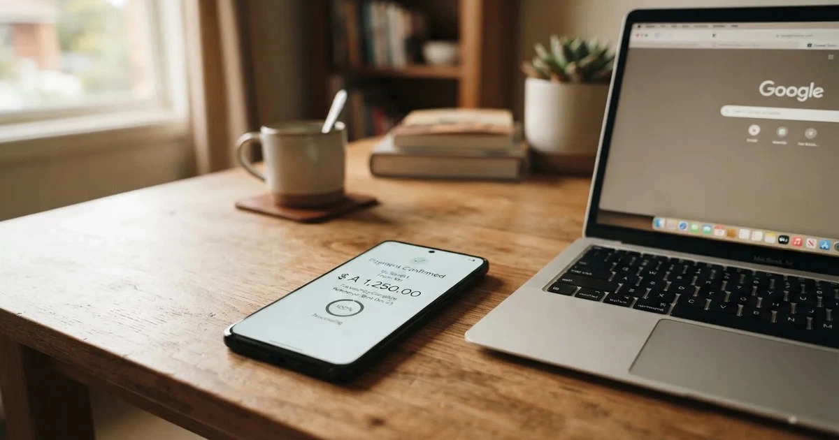 Close-up of a smartphone banking app open beside a laptop on a home desk, mid-transfer.