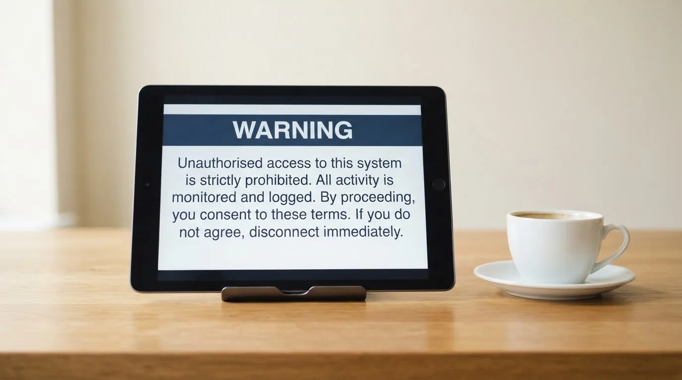 A tablet on a desk displays a plain government-style warning notice page, with a coffee cup beside it.