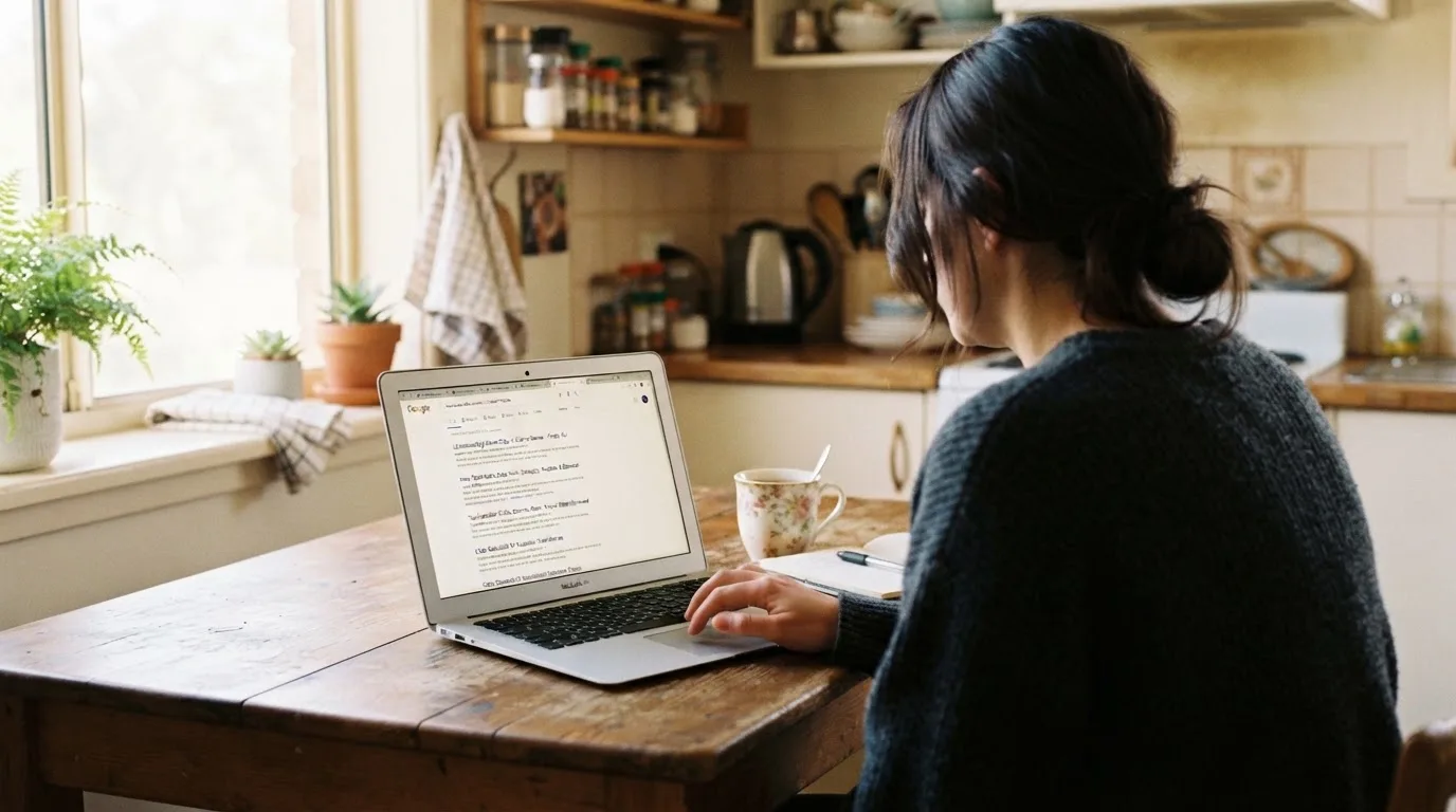 A person sits at a kitchen table, scrolling a laptop showing a general search results page about table game odds.