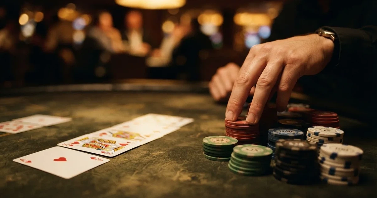 A close-up of a blackjack table felt with cards and chips laid out, no dealer or players visible.