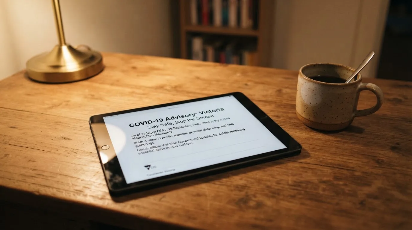 A tablet on a desk displays a plain government-style warning notice page, with a coffee cup beside it.