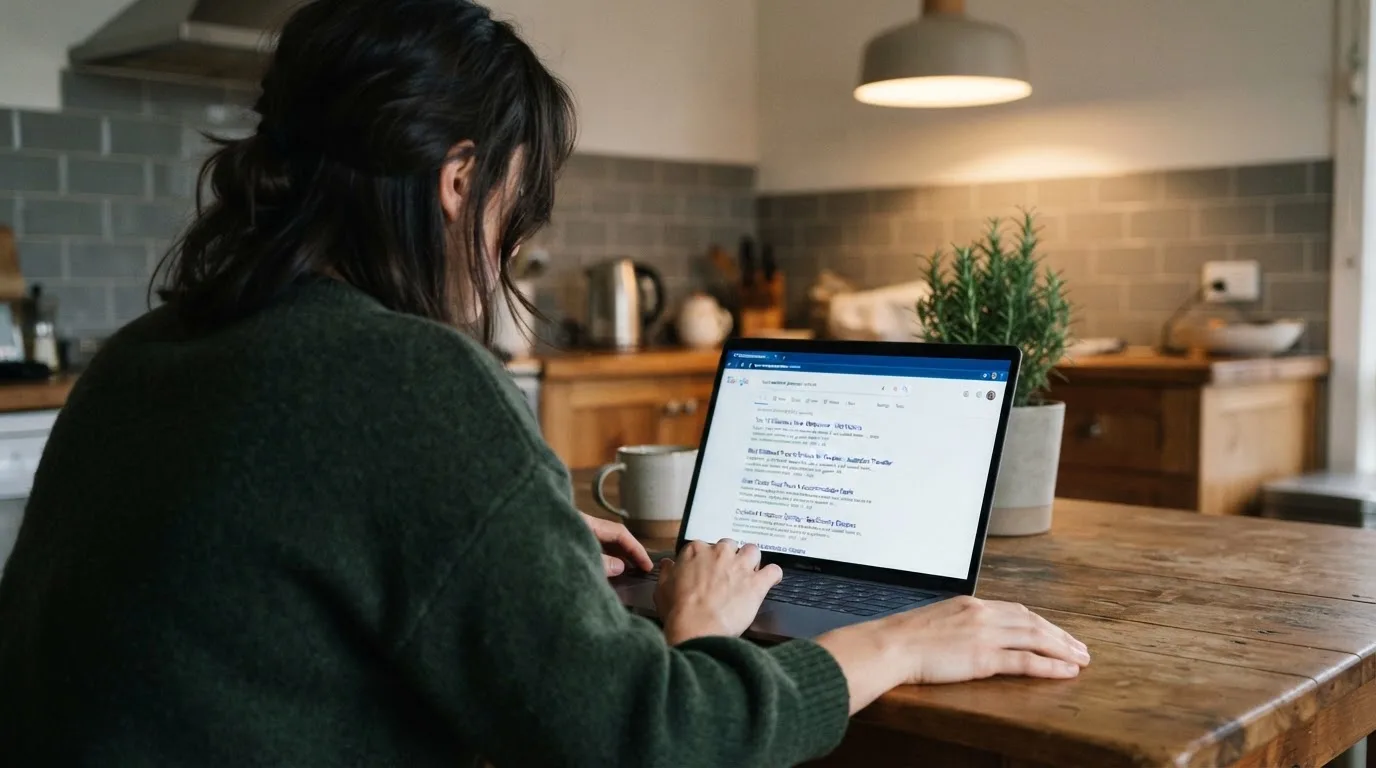 A person sits at a kitchen table, scrolling a laptop showing a general search results page about pokies apps.