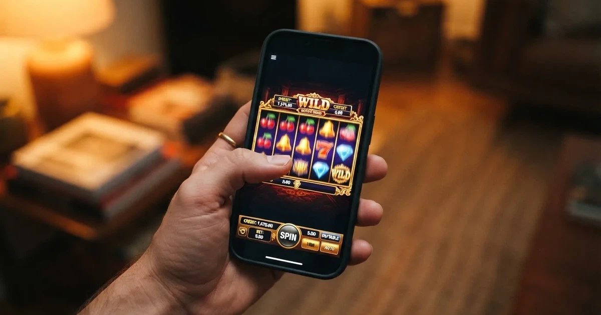 A hand holds a smartphone with an app icon grid visible on the home screen, thumb hovering over the display.