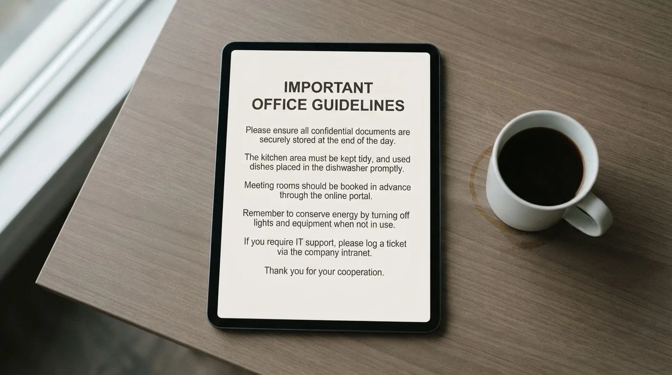 A tablet on a desk displays a plain government-style warning notice page, with a coffee cup beside it.